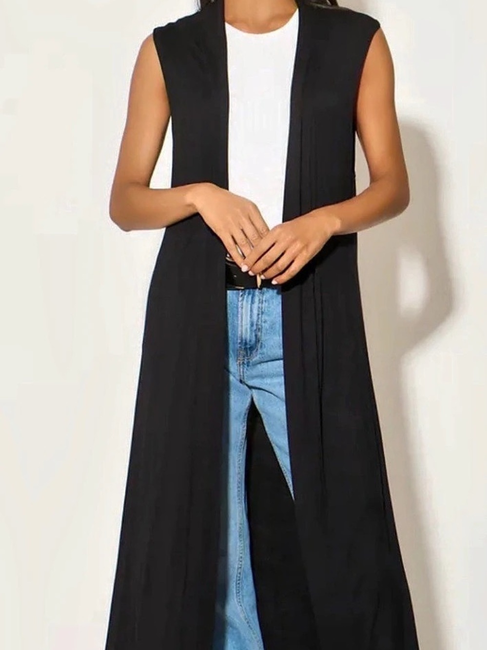 White House Black Market Ribbed Longline Open Front Cardigan Vest Black Medium